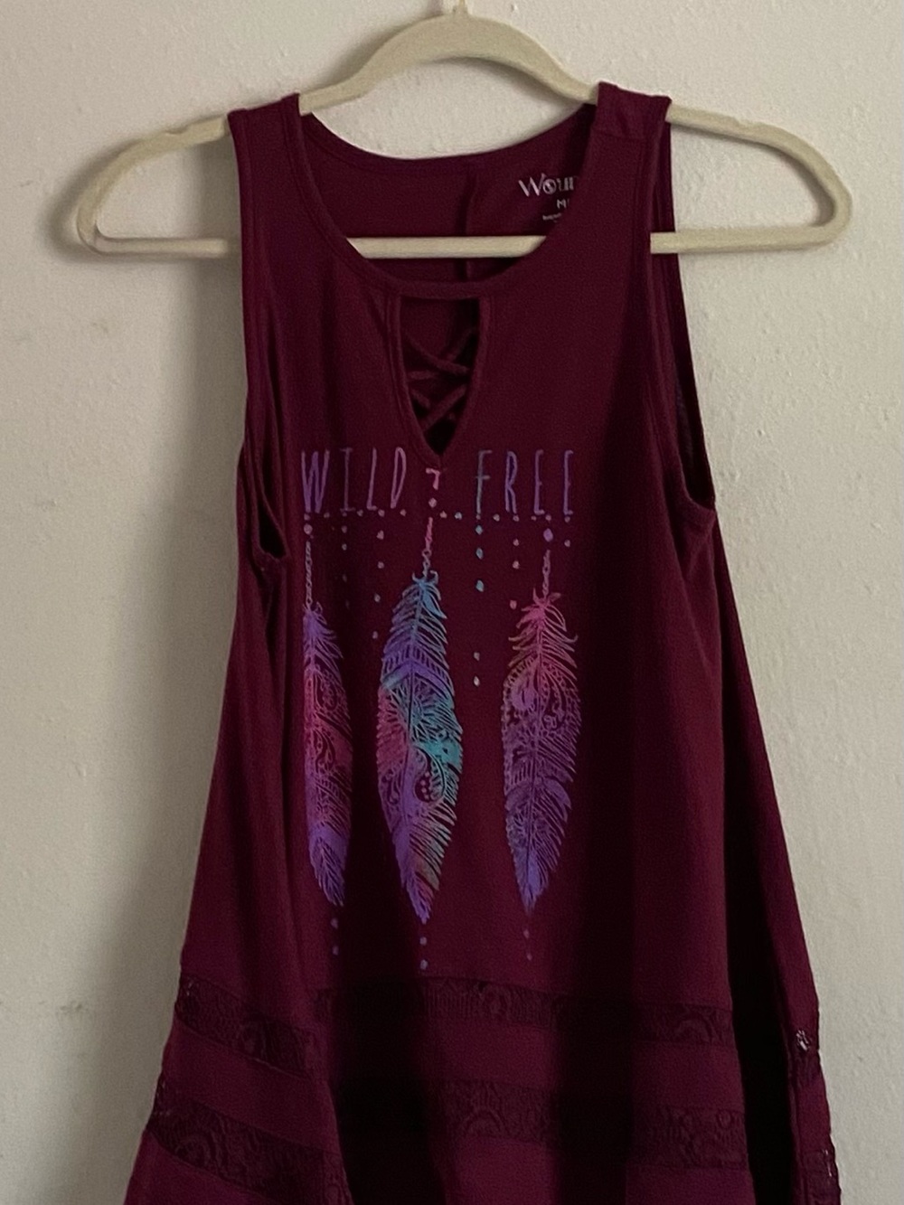 Wound Up Burgundy Tank with Rainbow Feather Graphic